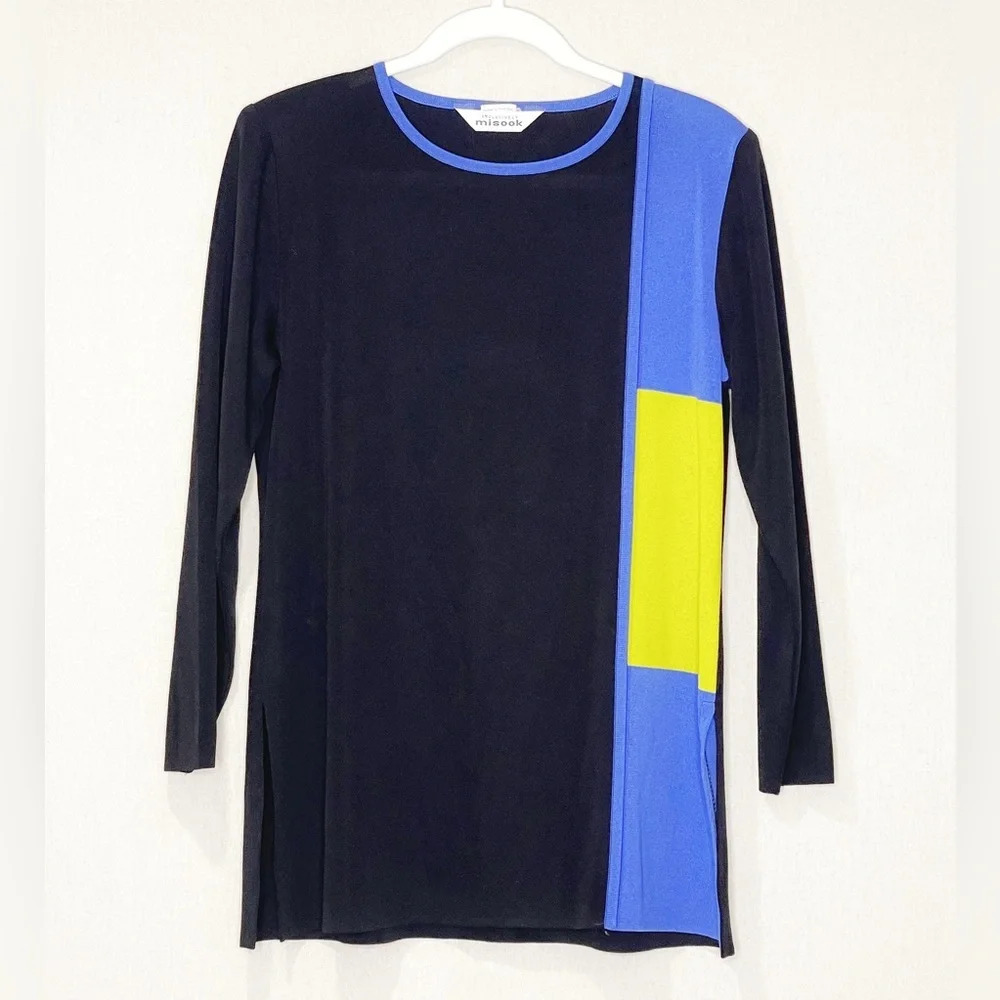 Exclusively Misook Color Block Knit Top Size‎ Medium Split Hem Career Black